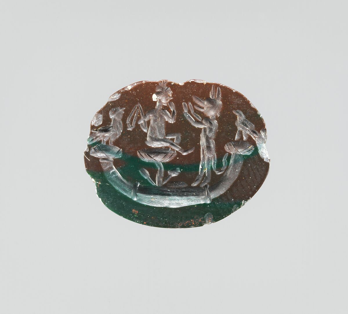 Jasper intaglio: Harpocrates seated on lotus in papyrus boat, Jasper, green, Roman 