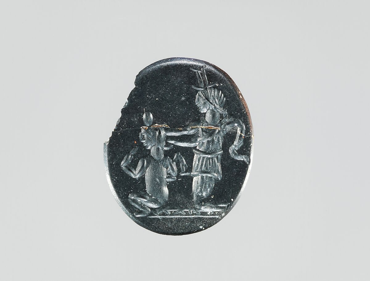 Hematite intaglio: Isis and Harpocrates, Hematite, black jasper, Roman 