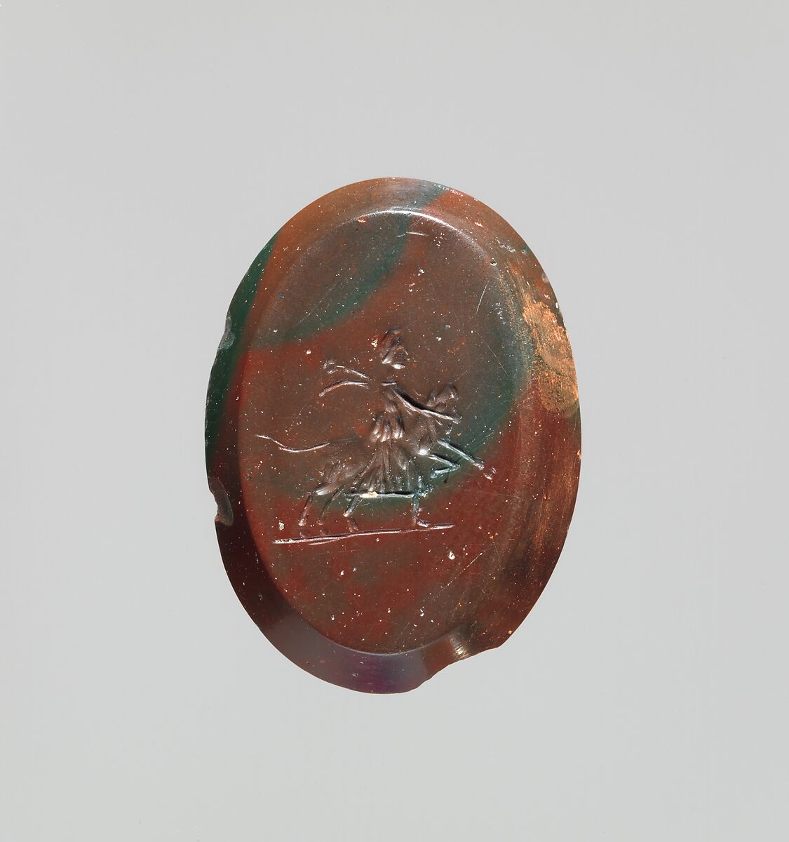 Jasper intaglio: Sol in a quadriga (four-horse chariot), Jasper, red and green, Roman