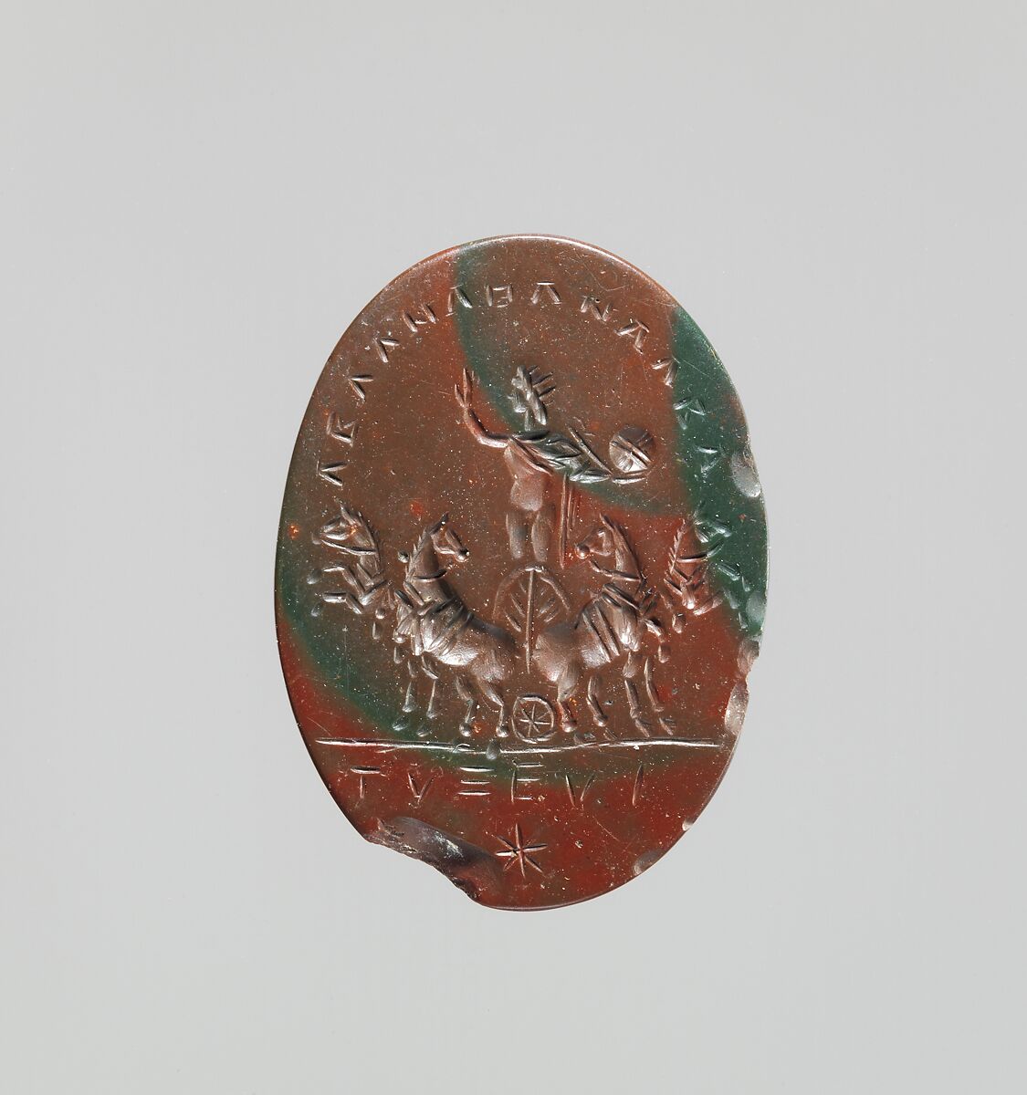 Jasper intaglio: Sol in a quadriga (four-horse chariot), Jasper, red and green, Roman 
