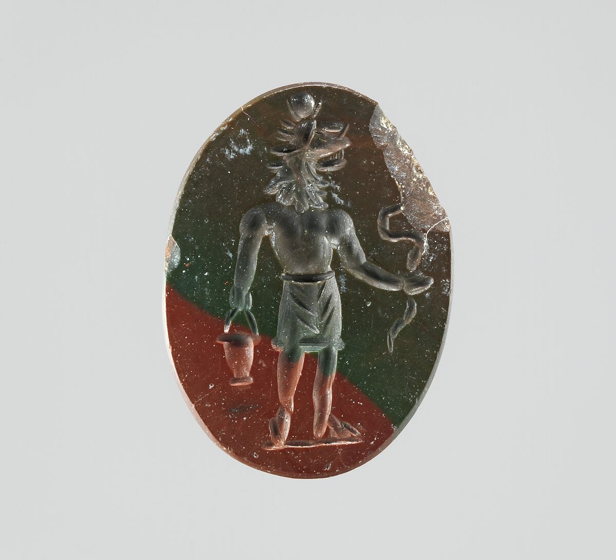 Jasper intaglio: Lion-headed god, Jasper, red and green, Roman 