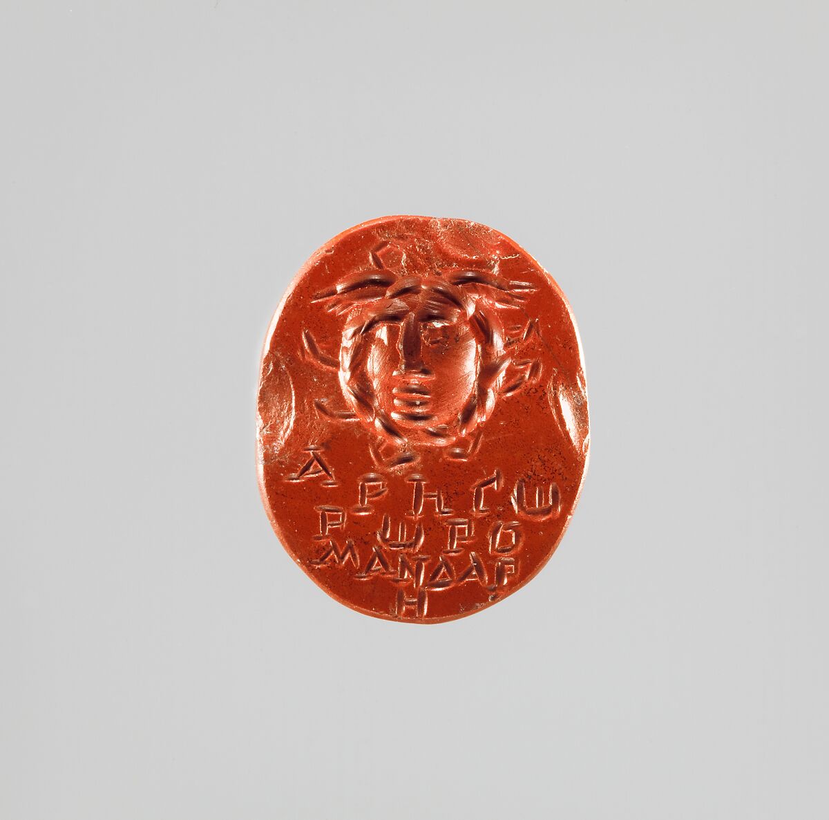 Jasper intaglio: Head of Medusa, Jasper, red, Roman 