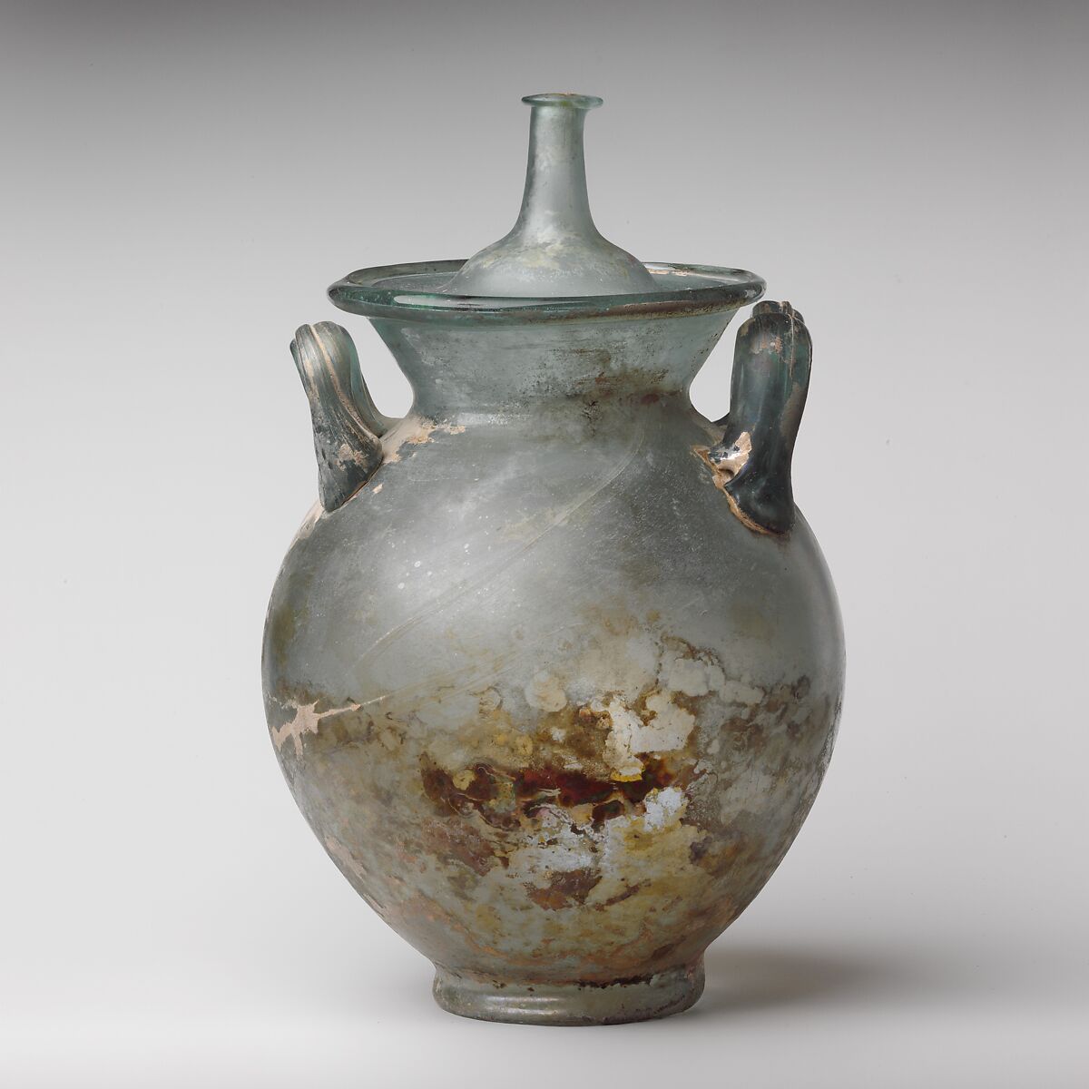 Glass cinerary urn with lid, Glass, Roman 