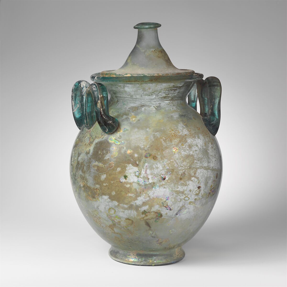 Glass cinerary urn with lid, Glass, Roman 
