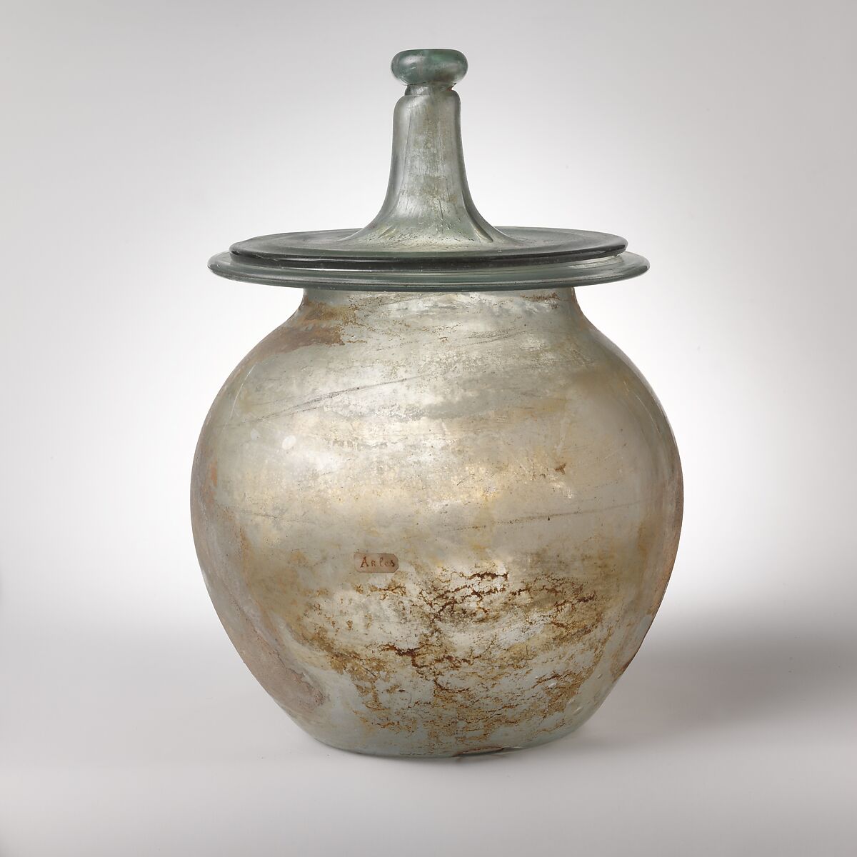 Glass cinerary urn with lid, Glass, Roman 