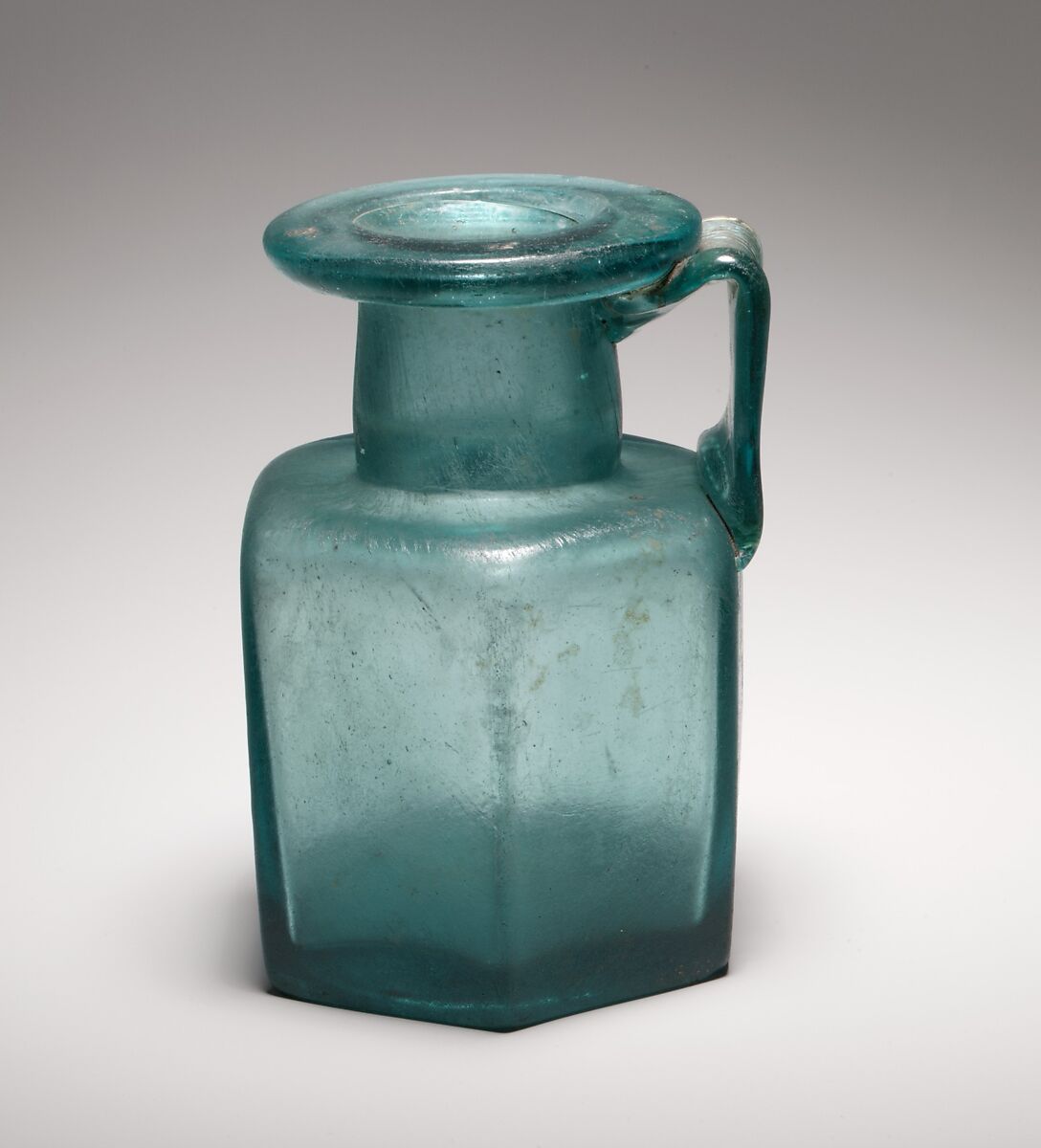 Glass hexagonal bottle, Glass, Roman 