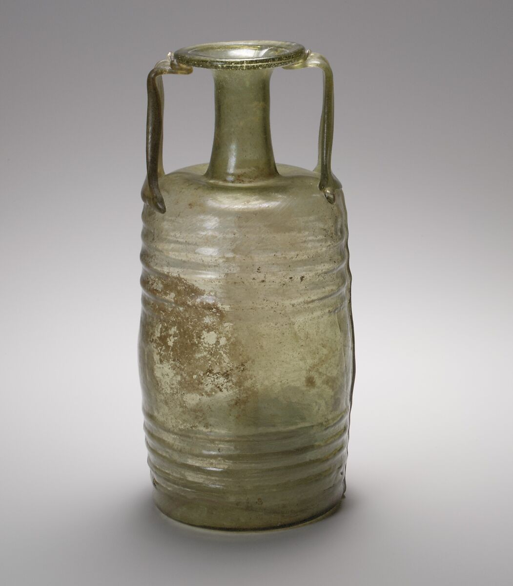 Cylindrical glass bottle, Signed by Frontinus, Glass, Roman 