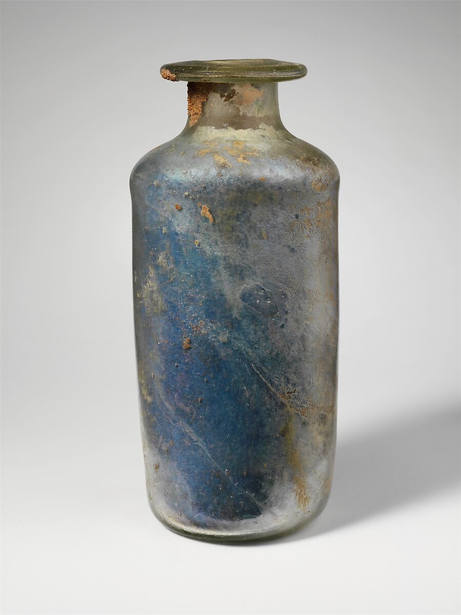 Glass cylindrical bottle, Glass, Roman 