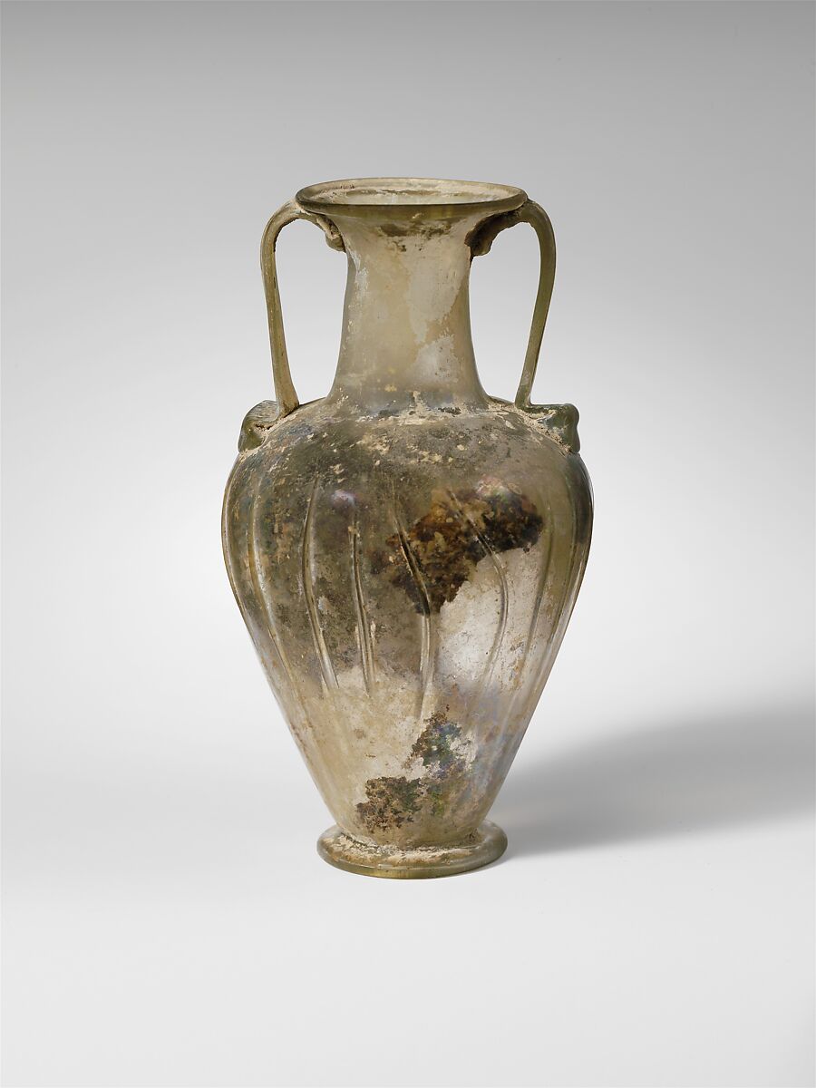 Glass jar with two handles (amphora), Glass, Roman 