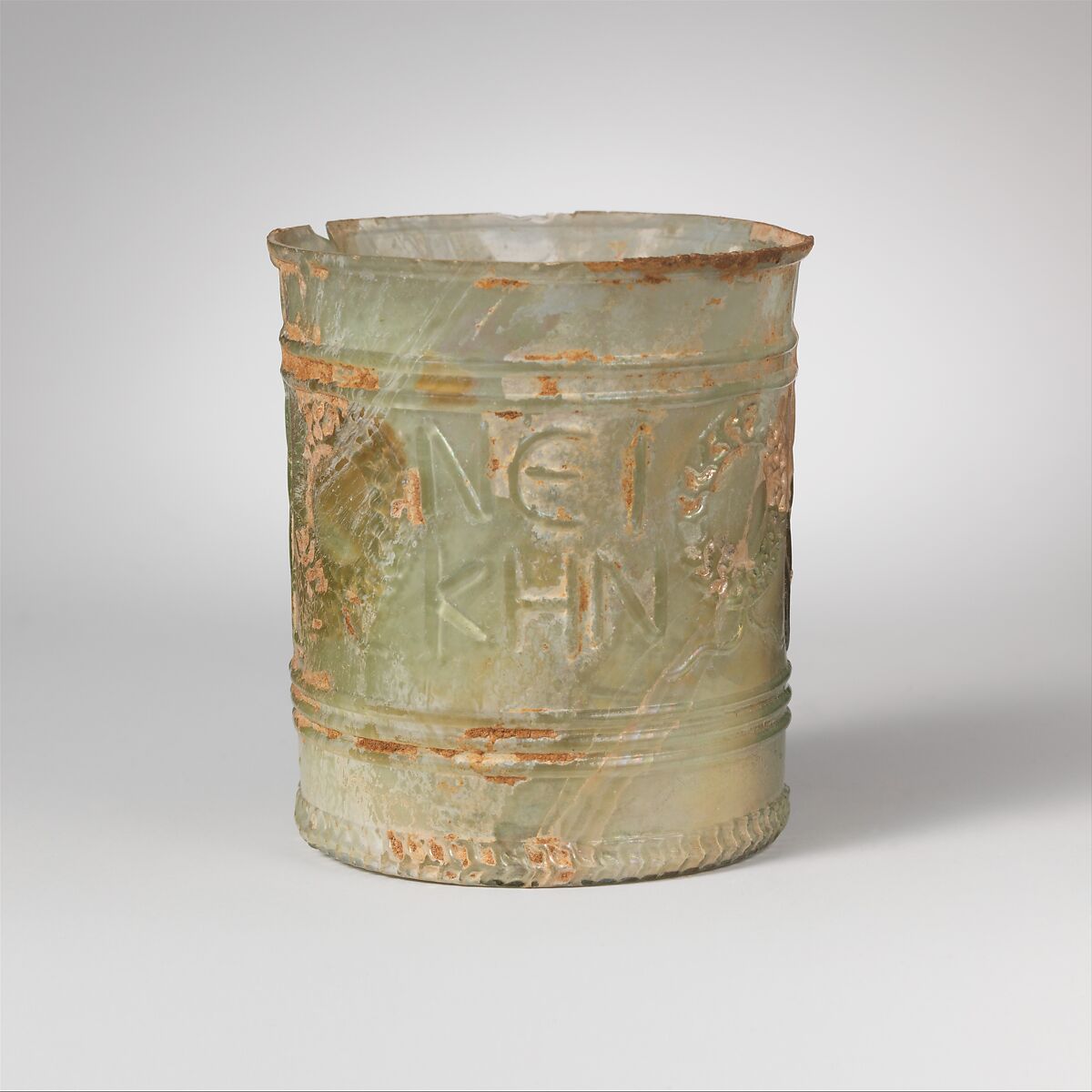 Glass beaker with inscription, Glass, Roman 