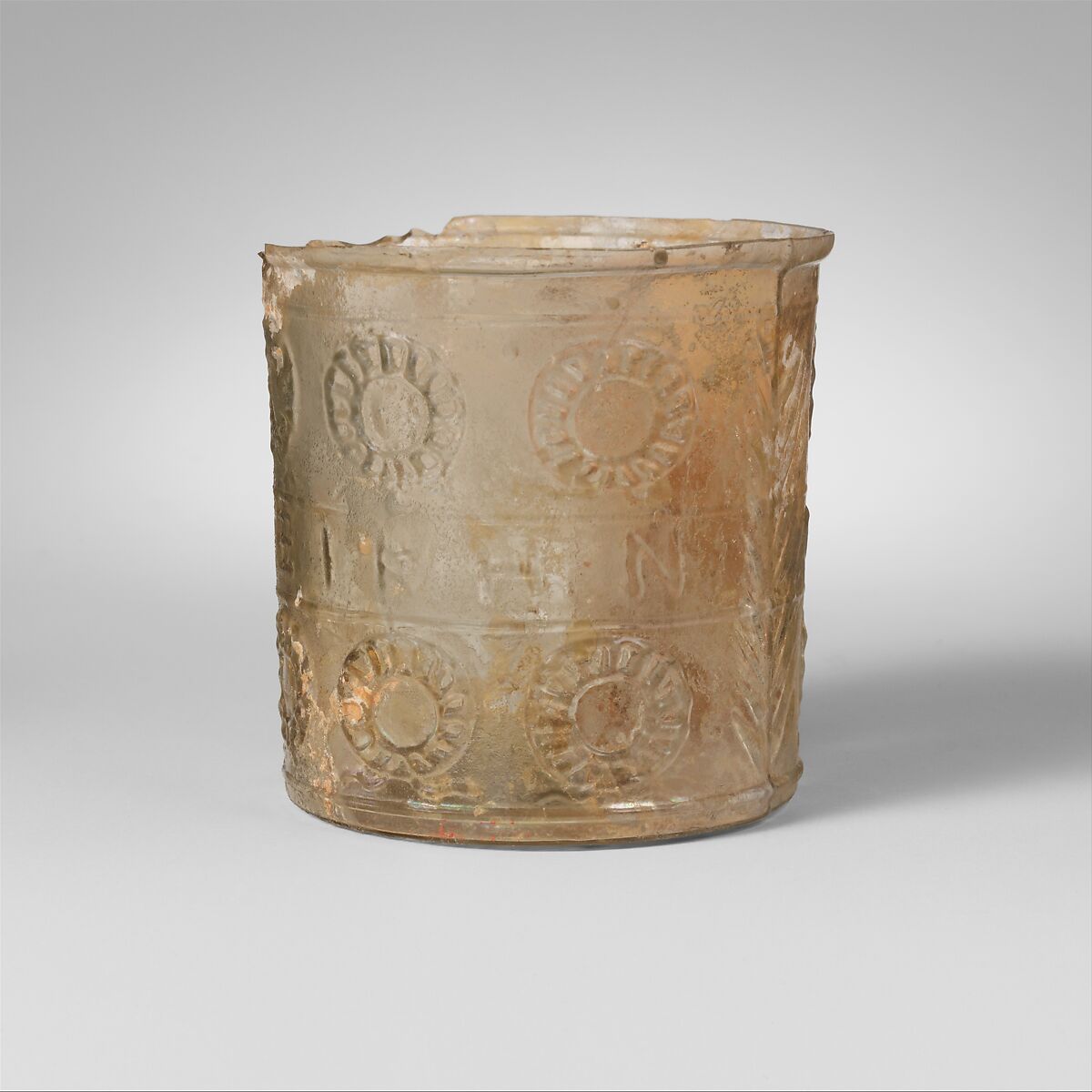 Glass beaker with inscription, Glass, Roman 