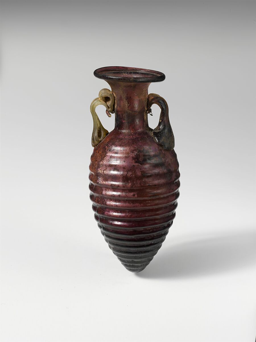 Glass amphoriskos with horizontal ribs, Glass, Roman 