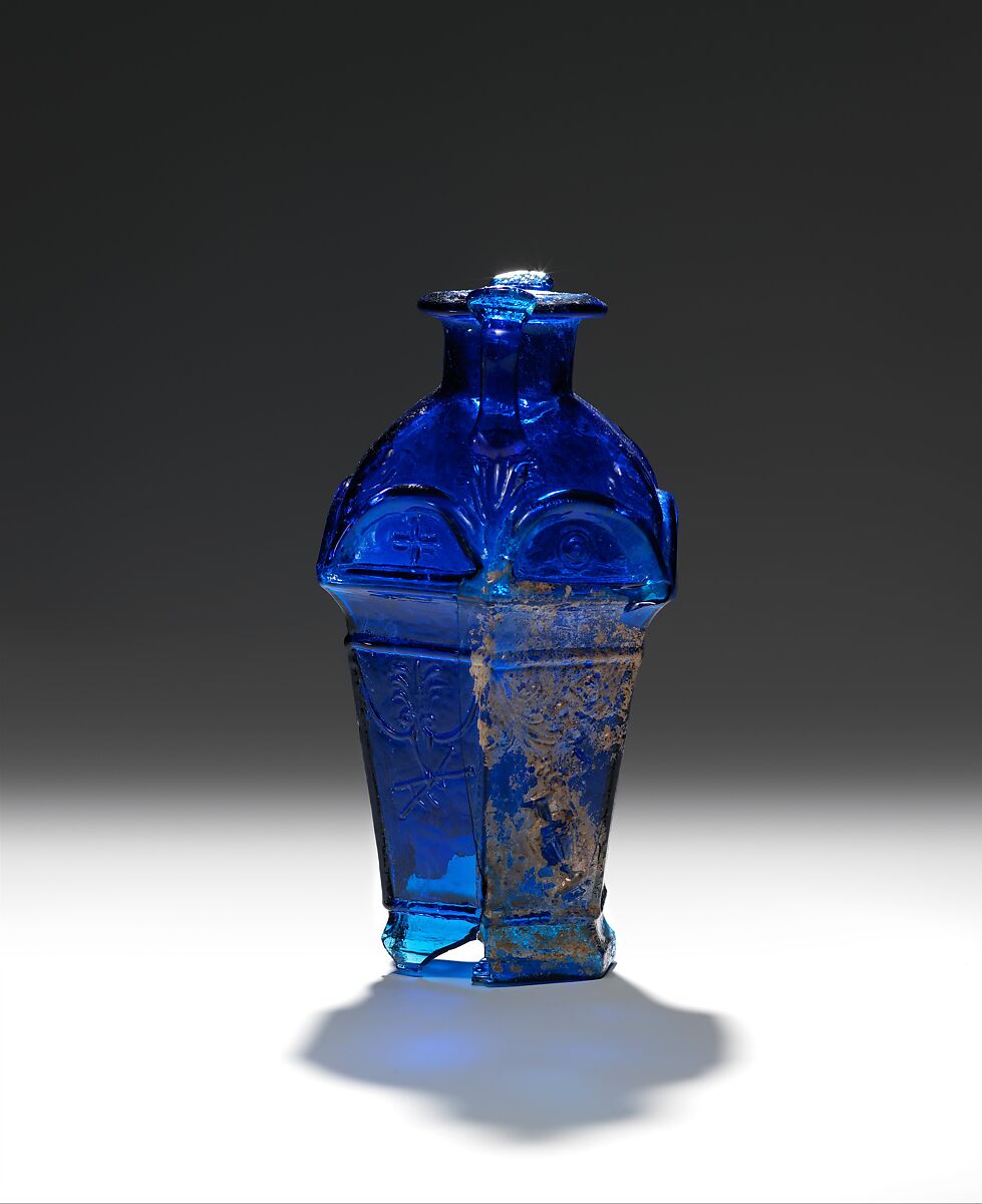 Glass hexagonal amphoriskos, Glass, Roman