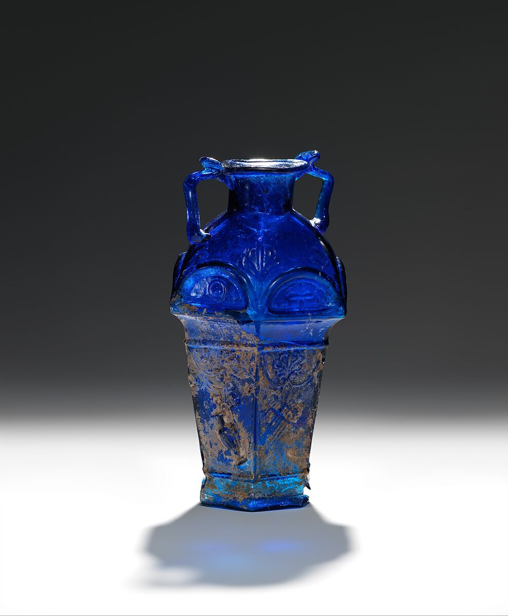 Glass hexagonal amphoriskos, Glass, Roman