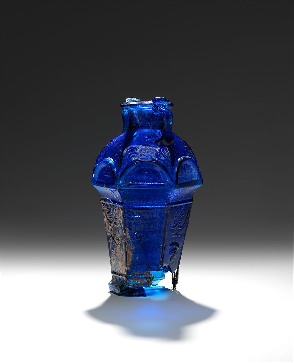 Glass hexagonal amphoriskos, Glass, Roman