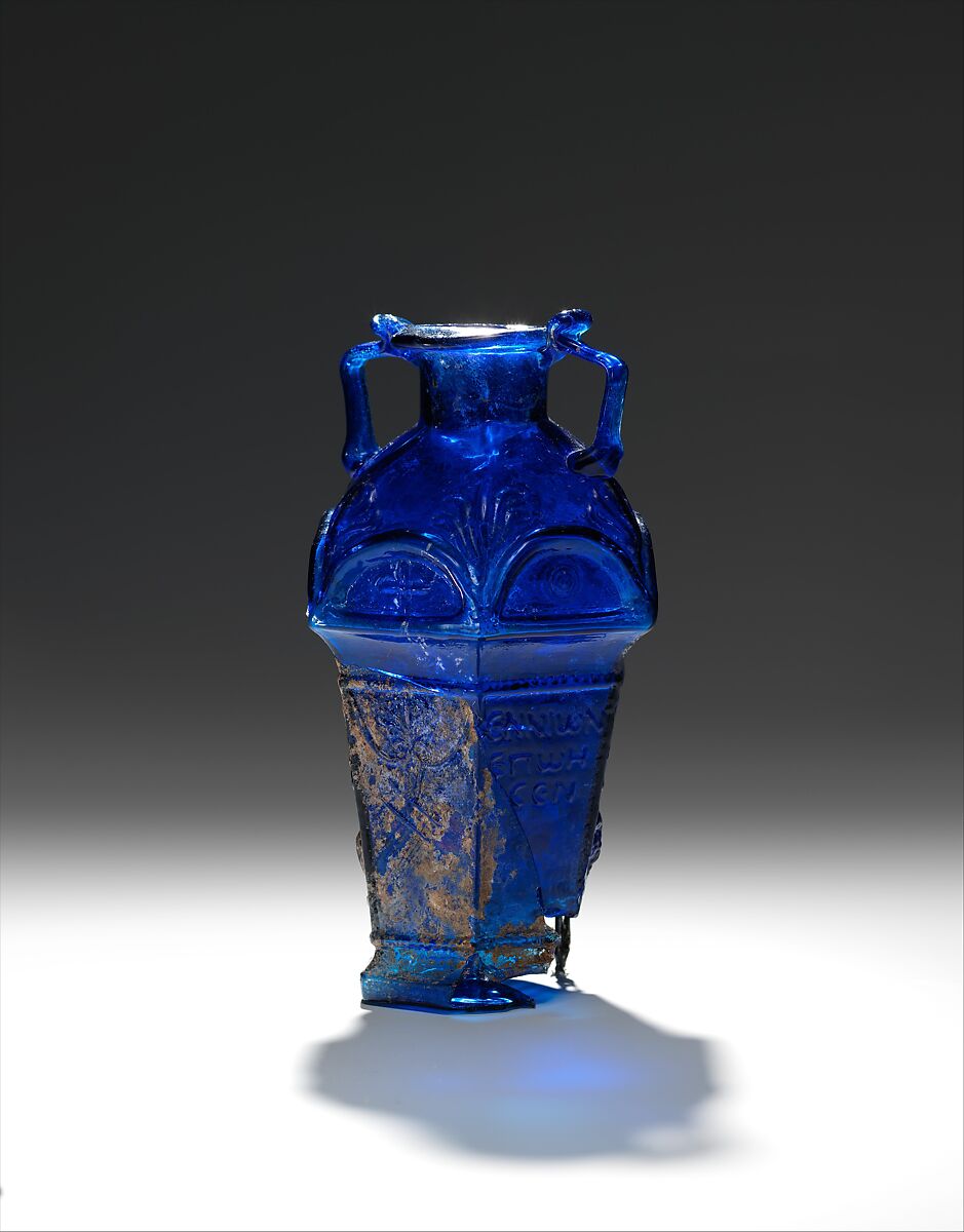 Glass hexagonal amphoriskos, Glass, Roman