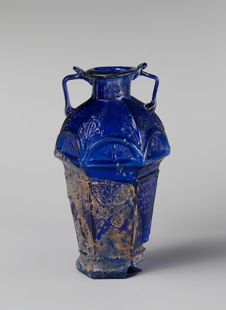 Glass hexagonal amphoriskos, Glass, Roman