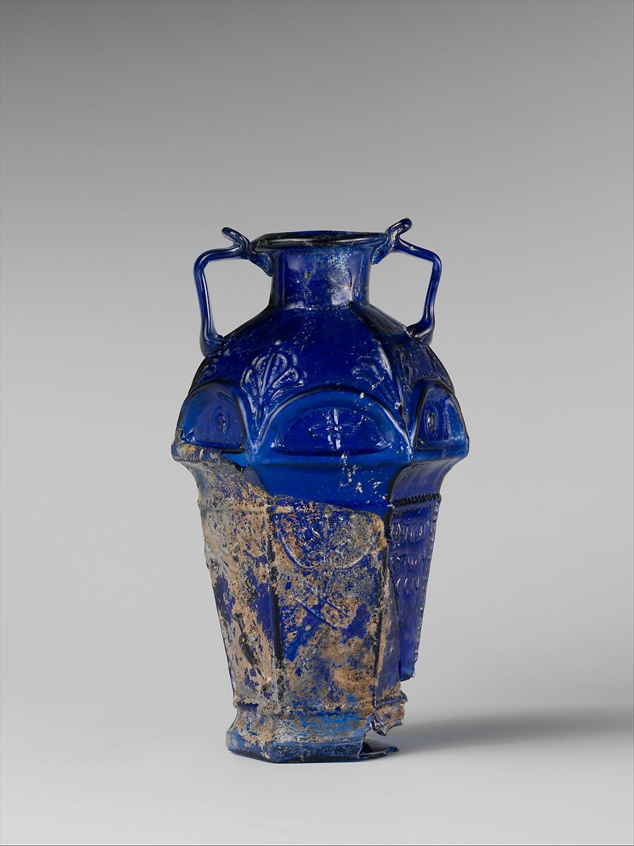 Glass hexagonal amphoriskos, Glass, Roman 