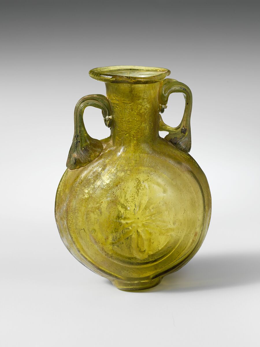 Glass lentoid amphoriskos, Glass, Roman 