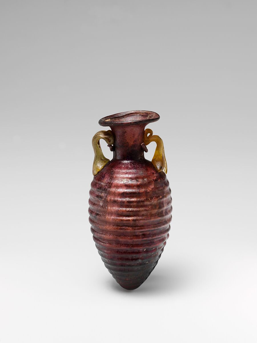 Glass amphoriskos with horizontal ribs, Glass, Roman 