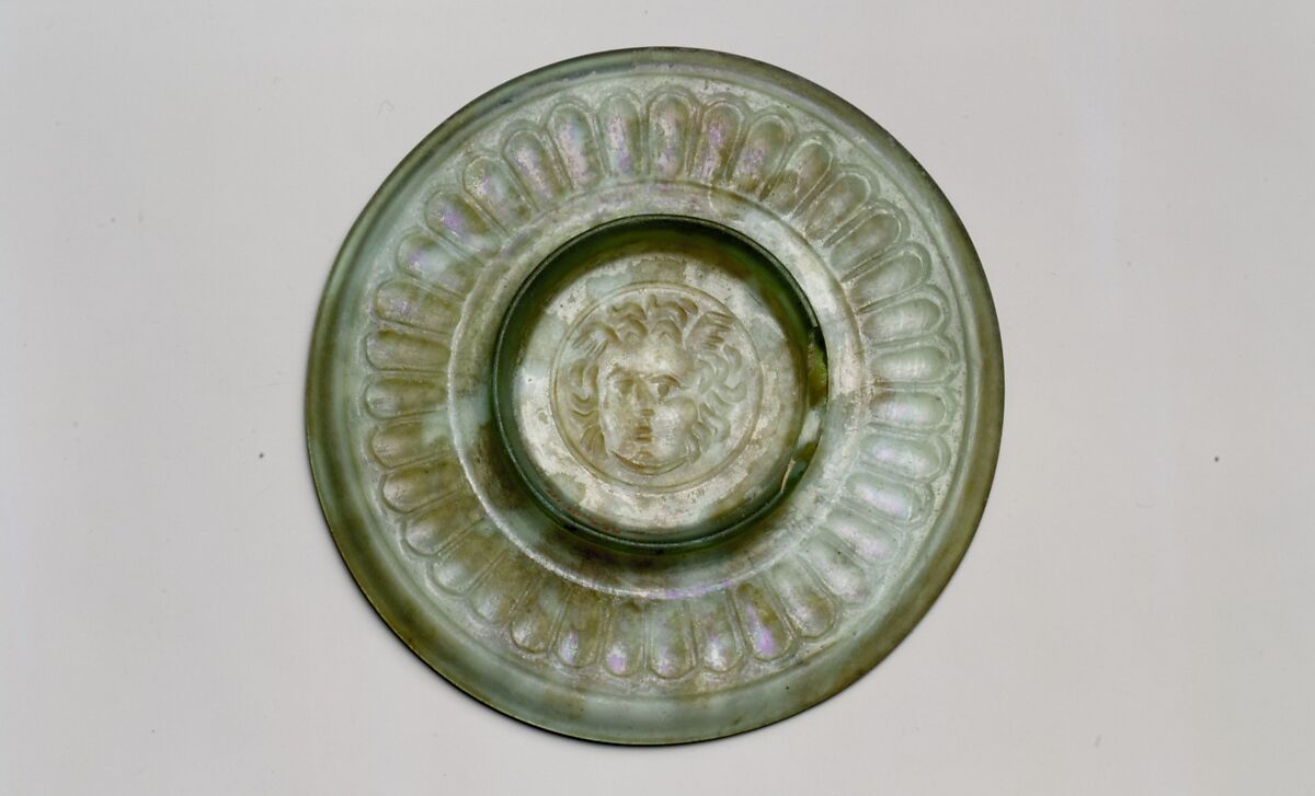 Glass plate with head of Medusa, Glass, Roman