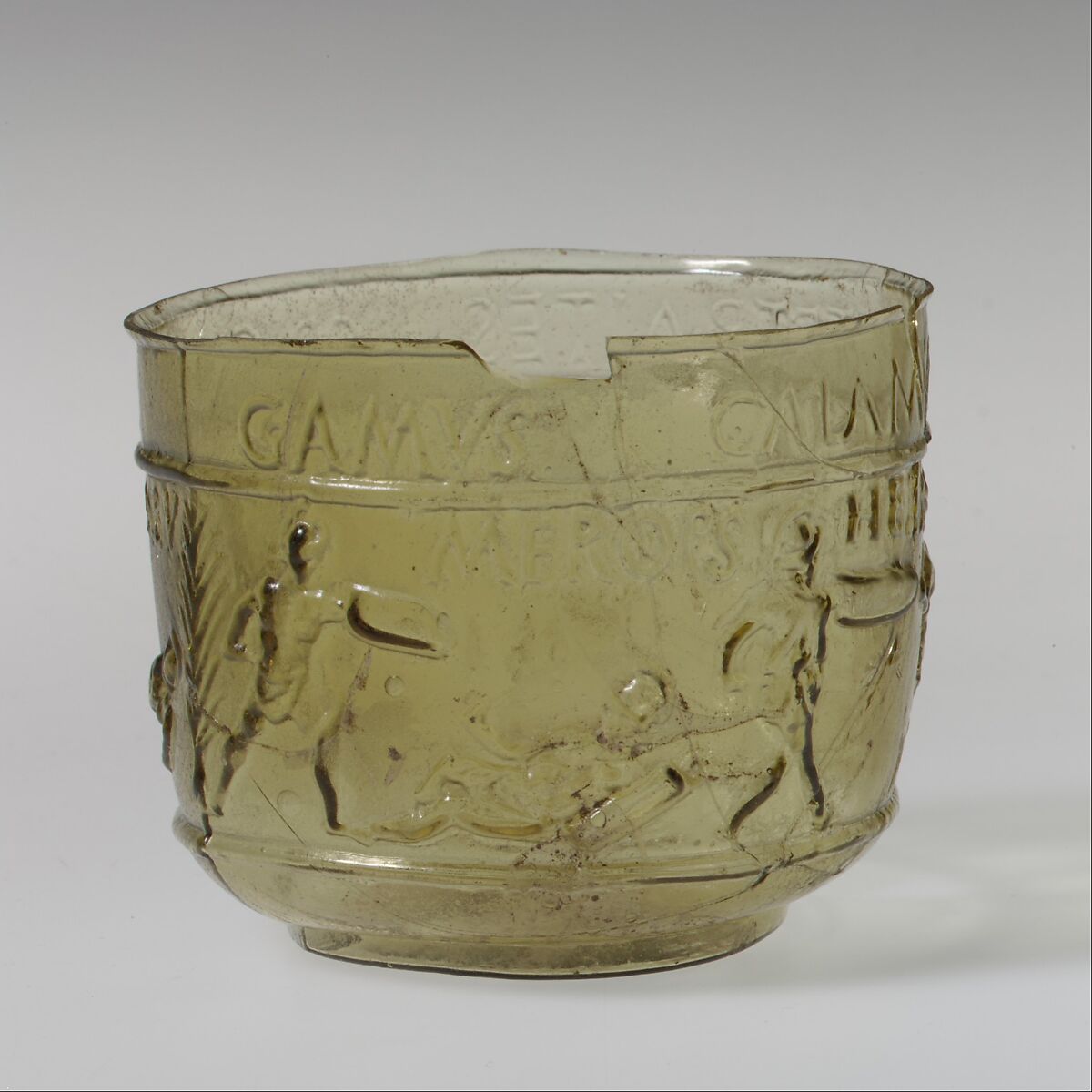 Glass gladiator cup, Glass, Roman