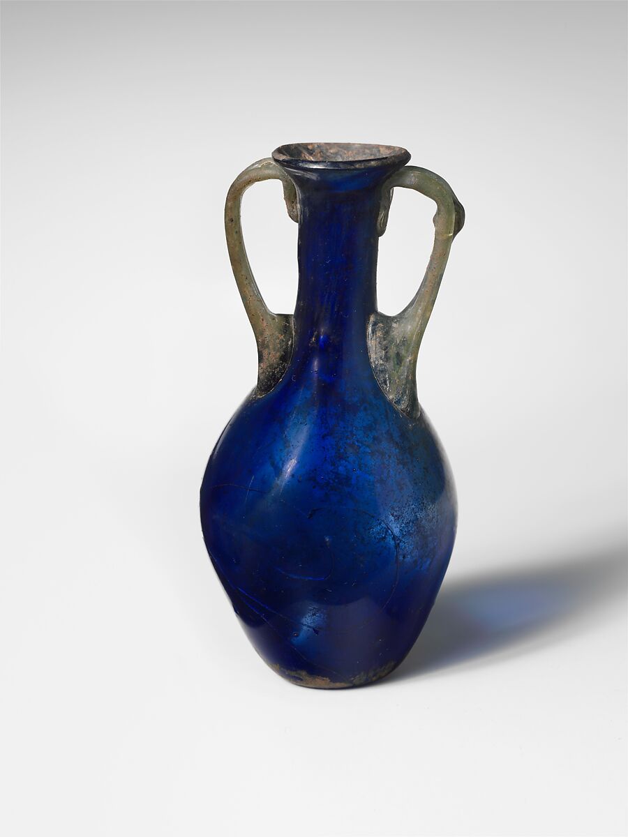 Glass two-handled bottle (amphoriskos), Glass, Roman 