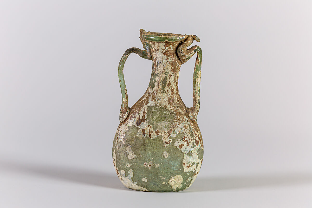 Glass two-handled bottle, Glass, Roman 