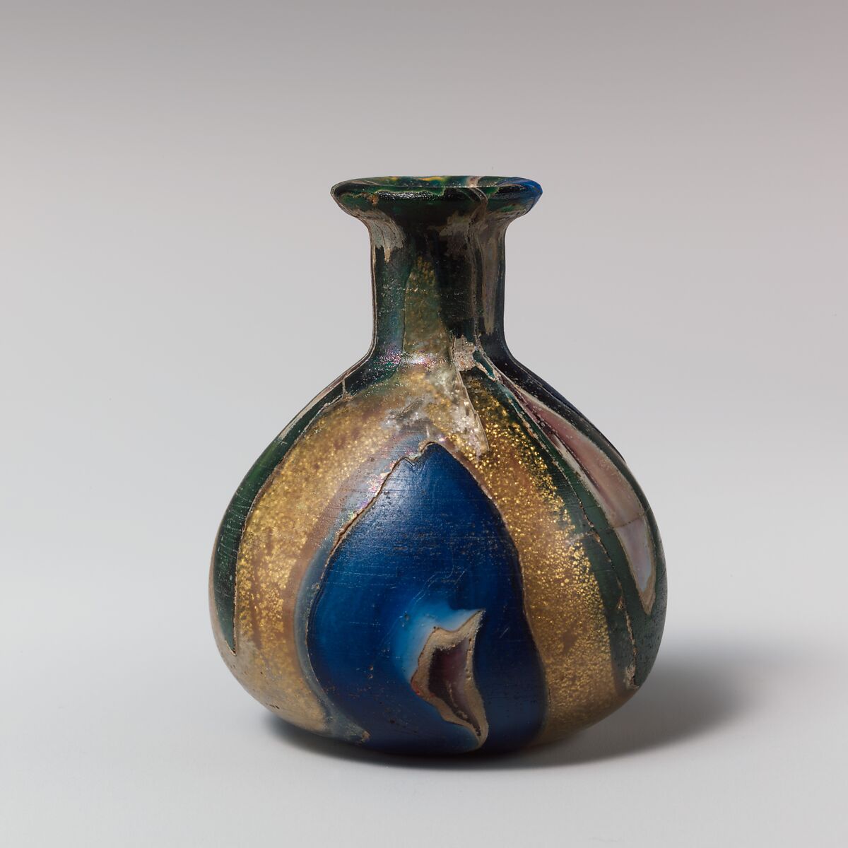 Glass gold-band mosaic bottle, Glass, Roman 