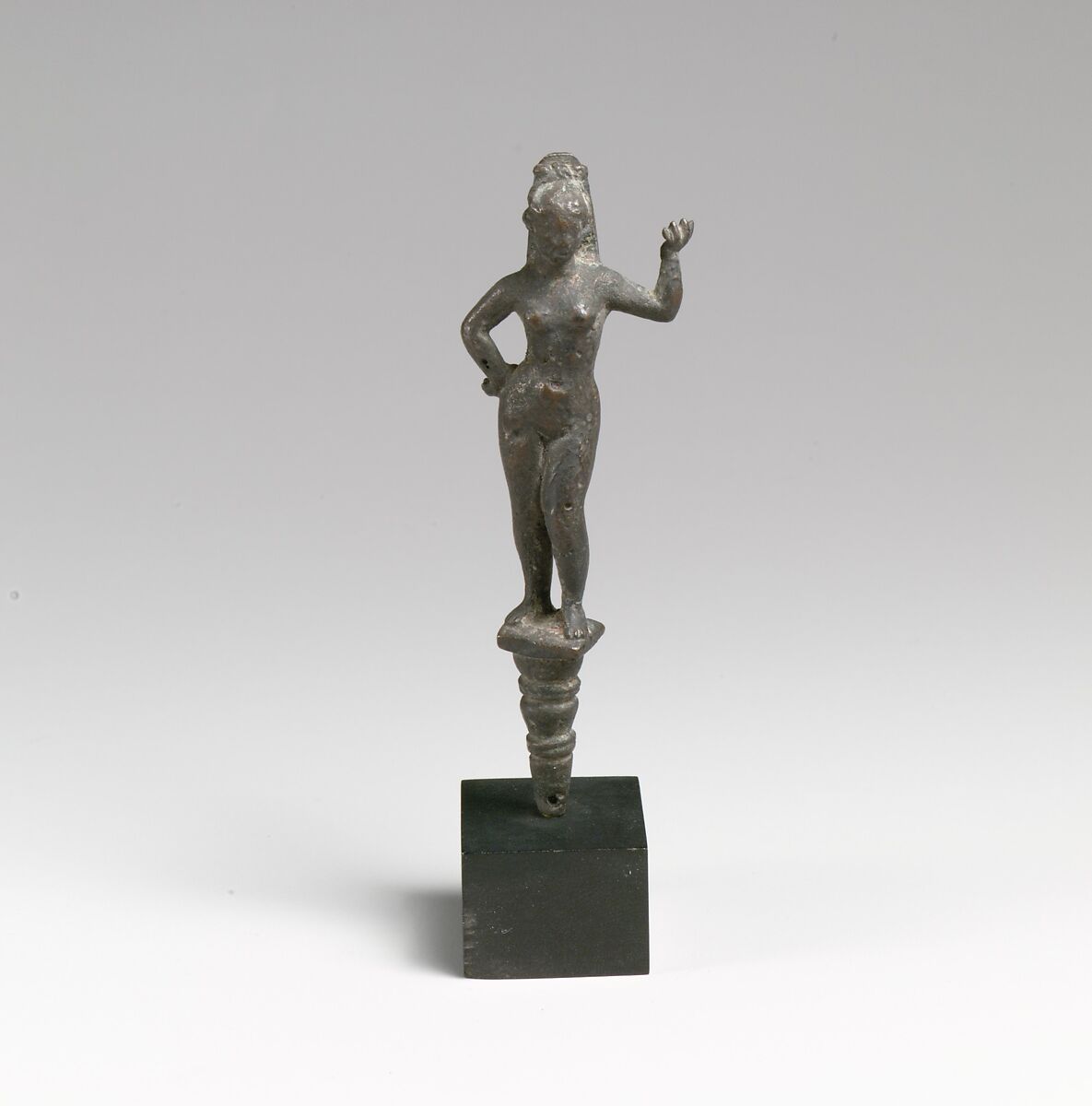 Bronze mirror handle (?) with Aphrodite, Bronze, Roman 
