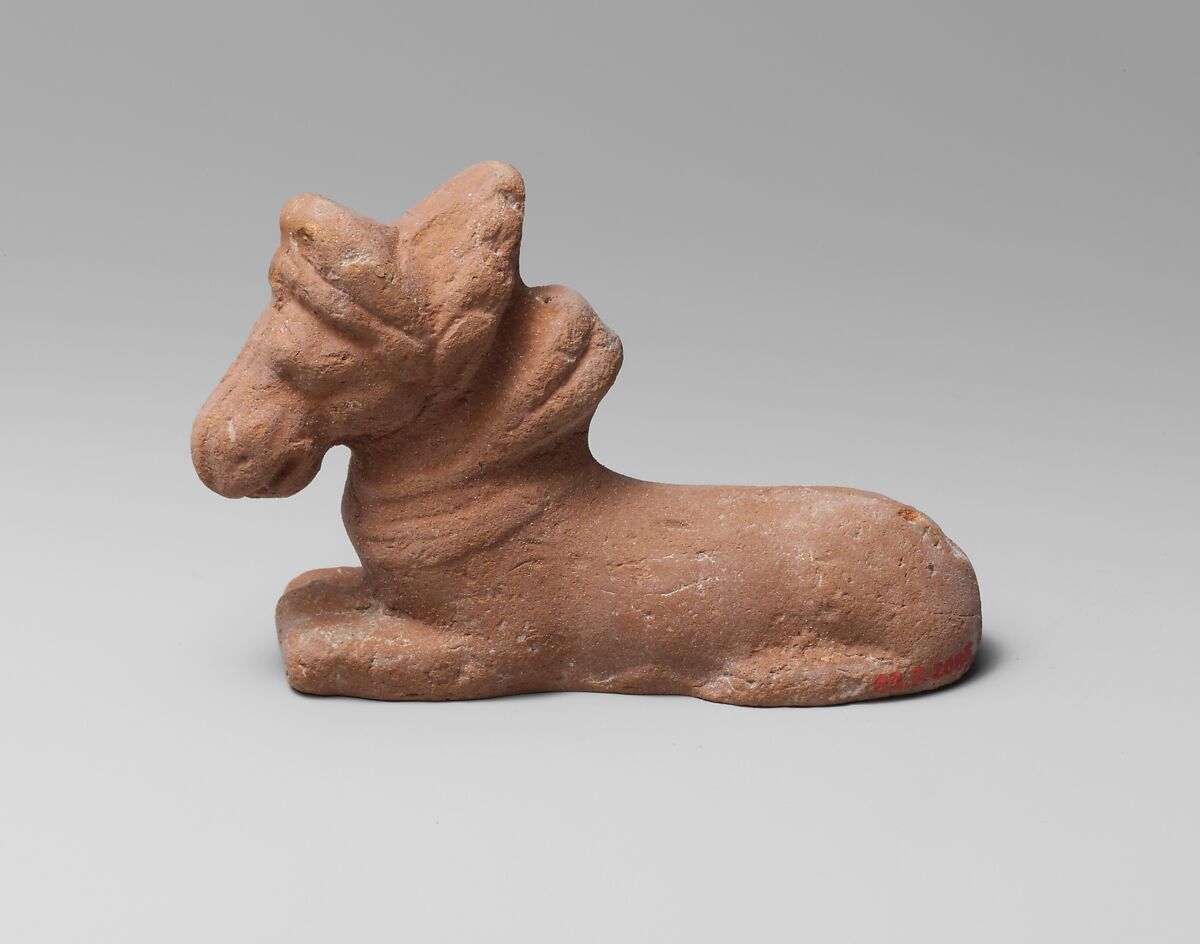 Terracotta figure of a kneeling horse, Terracotta, Greek, Ptolemaic 