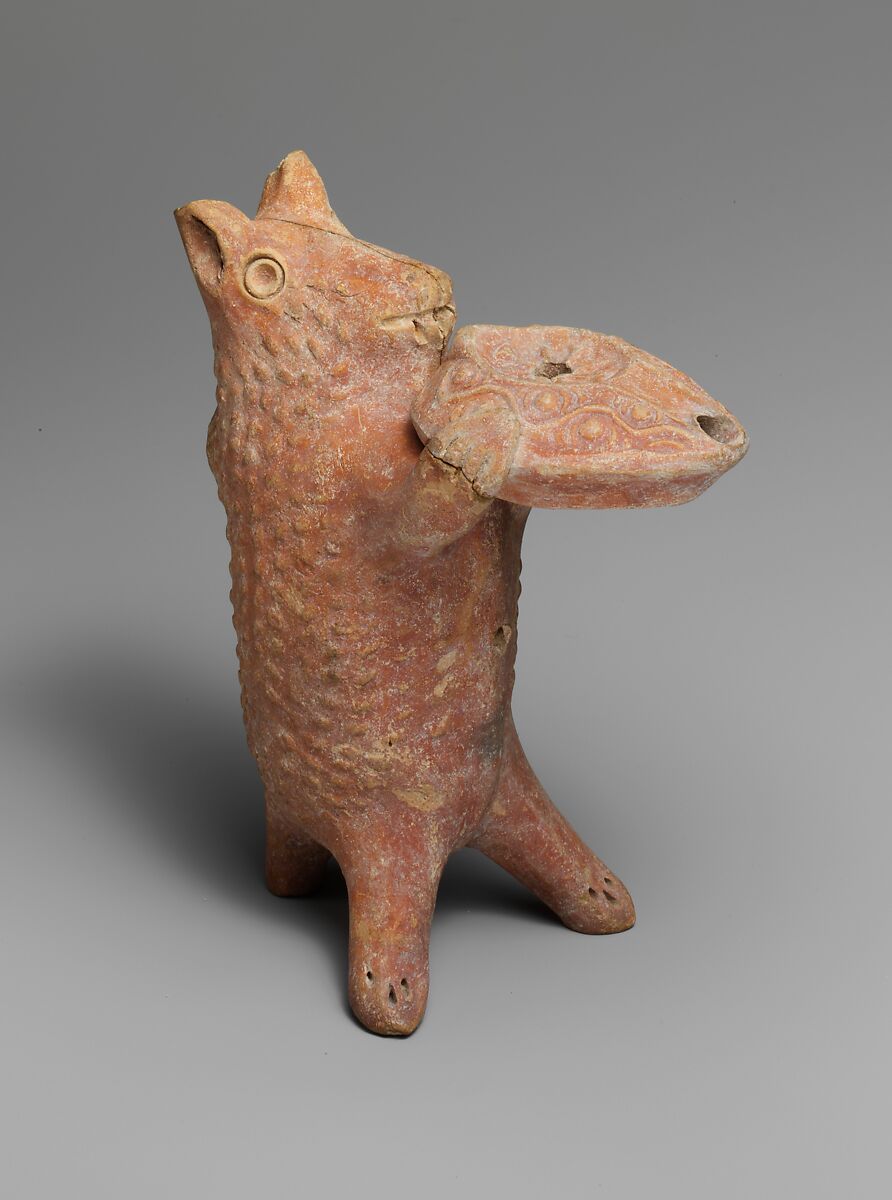 Terracotta statuette of a bear holding an oil lamp, Terracotta, Roman 