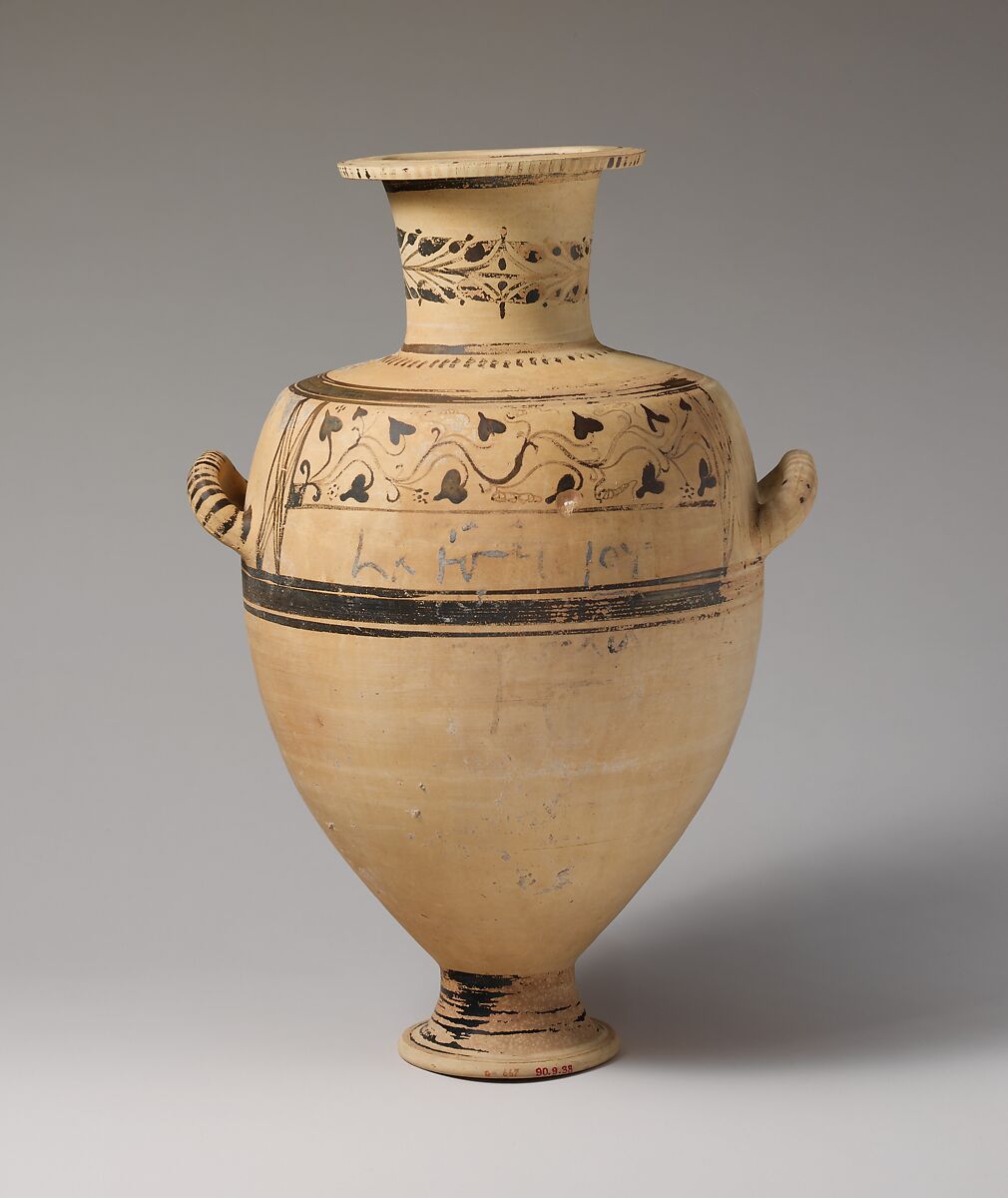 Terracotta Hadra hydria (water jar), Terracotta, Greek, Ptolemaic, Cretan 