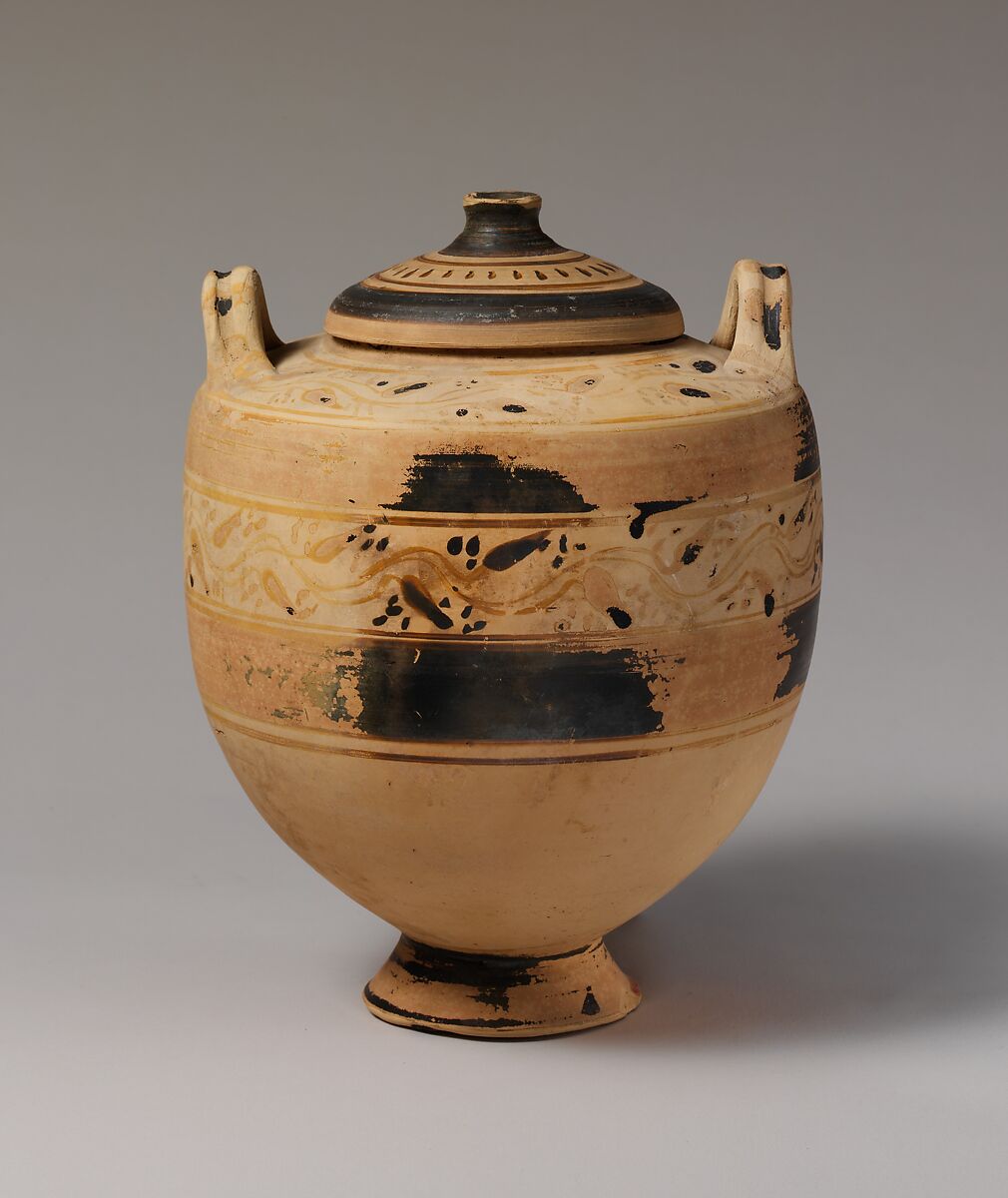 Terracotta lebes gamikos (jar) and lid, Terracotta, Greek, Ptolemaic, Cretan 
