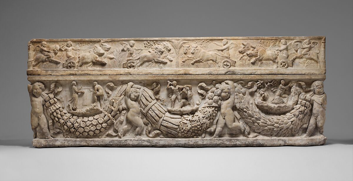 Marble sarcophagus with garlands and the myth of Theseus and Ariadne, Marble, Luni and Pentelic, Roman 