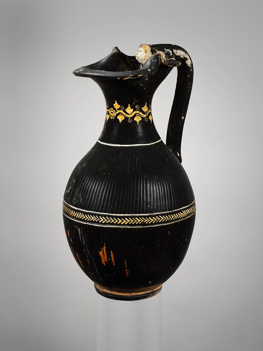 Terracotta oinochoe (jug), Terracotta, Greek, South Italian, Apulian, Gnathian 