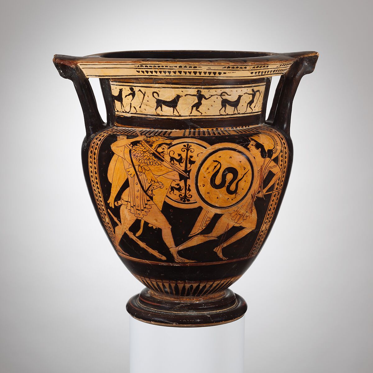 Terracotta column-krater (bowl for mixing wine and water), Attributed to the manner of the Göttingen Painter, Terracotta, Greek, Attic 
