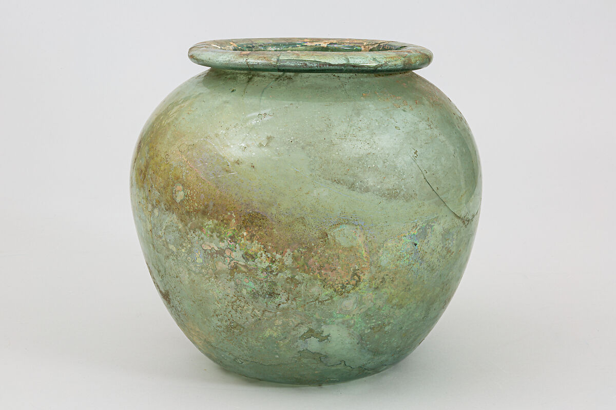 Glass cinerary urn (olla), Glass, Roman 