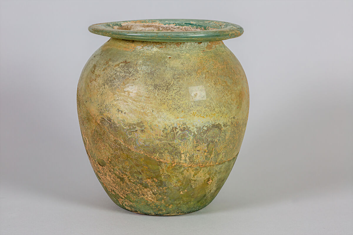 Glass cinerary urn (olla), Glass, Roman 