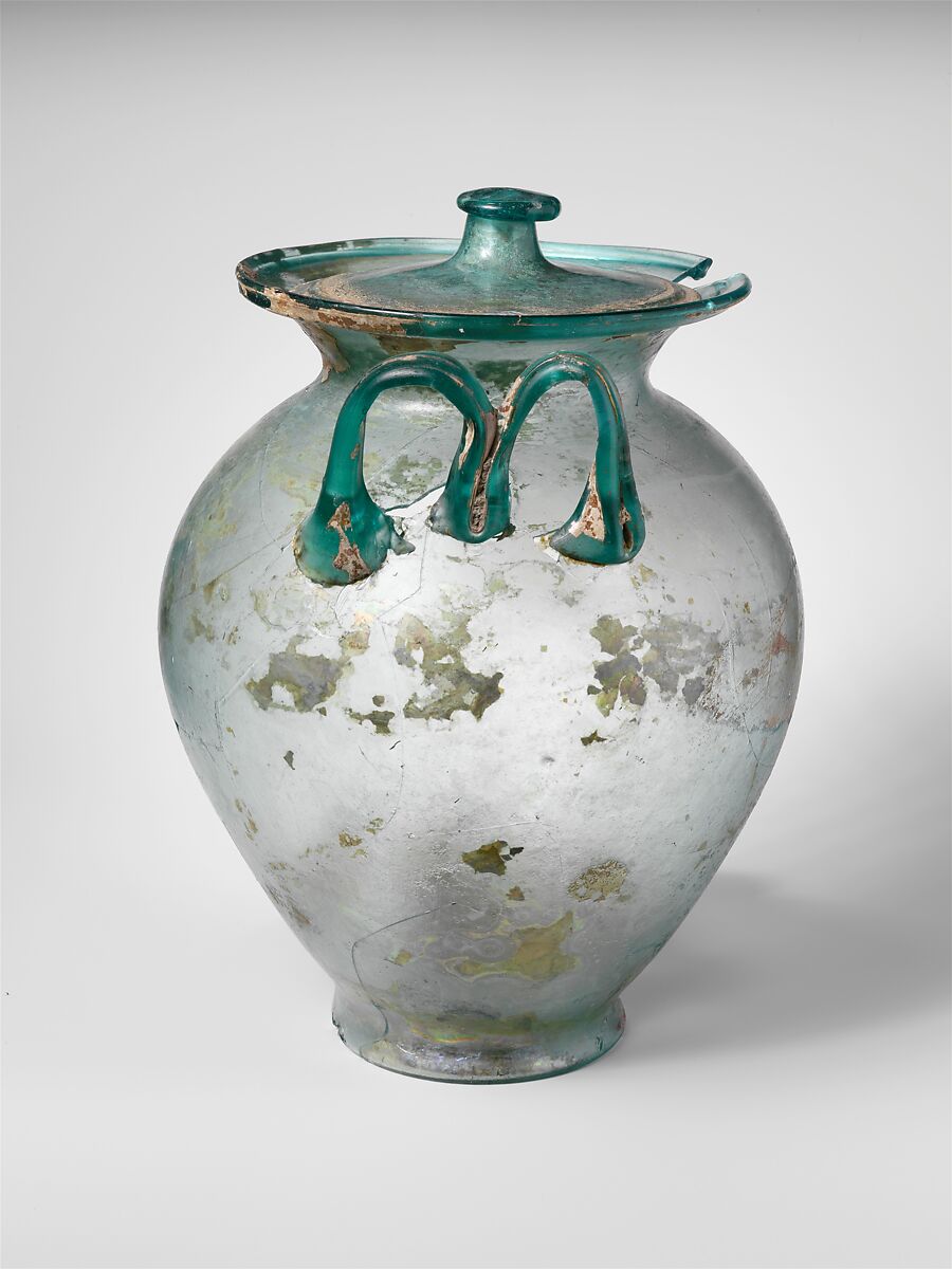 Glass cinerary urn with lid, Glass, Roman