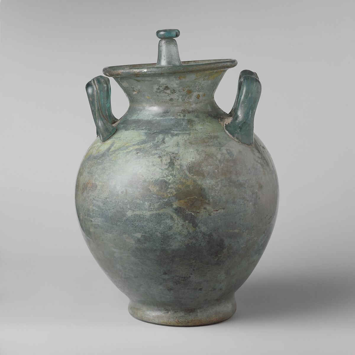 Glass cinerary urn with lid, Glass, Roman 