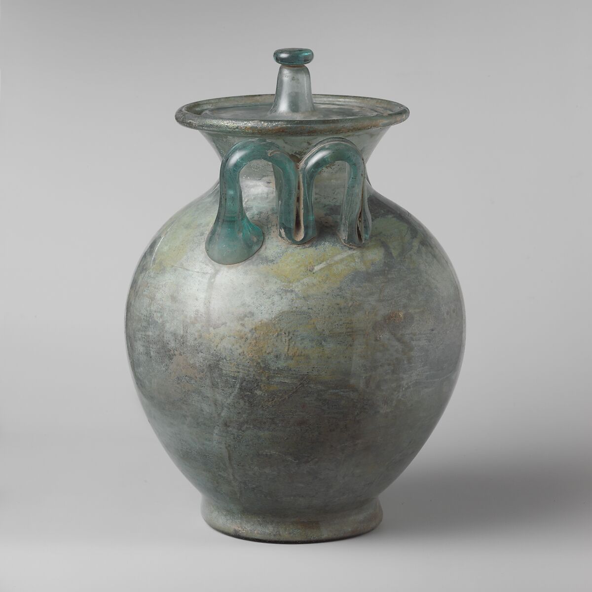 Glass cinerary urn with lid, Glass, Roman