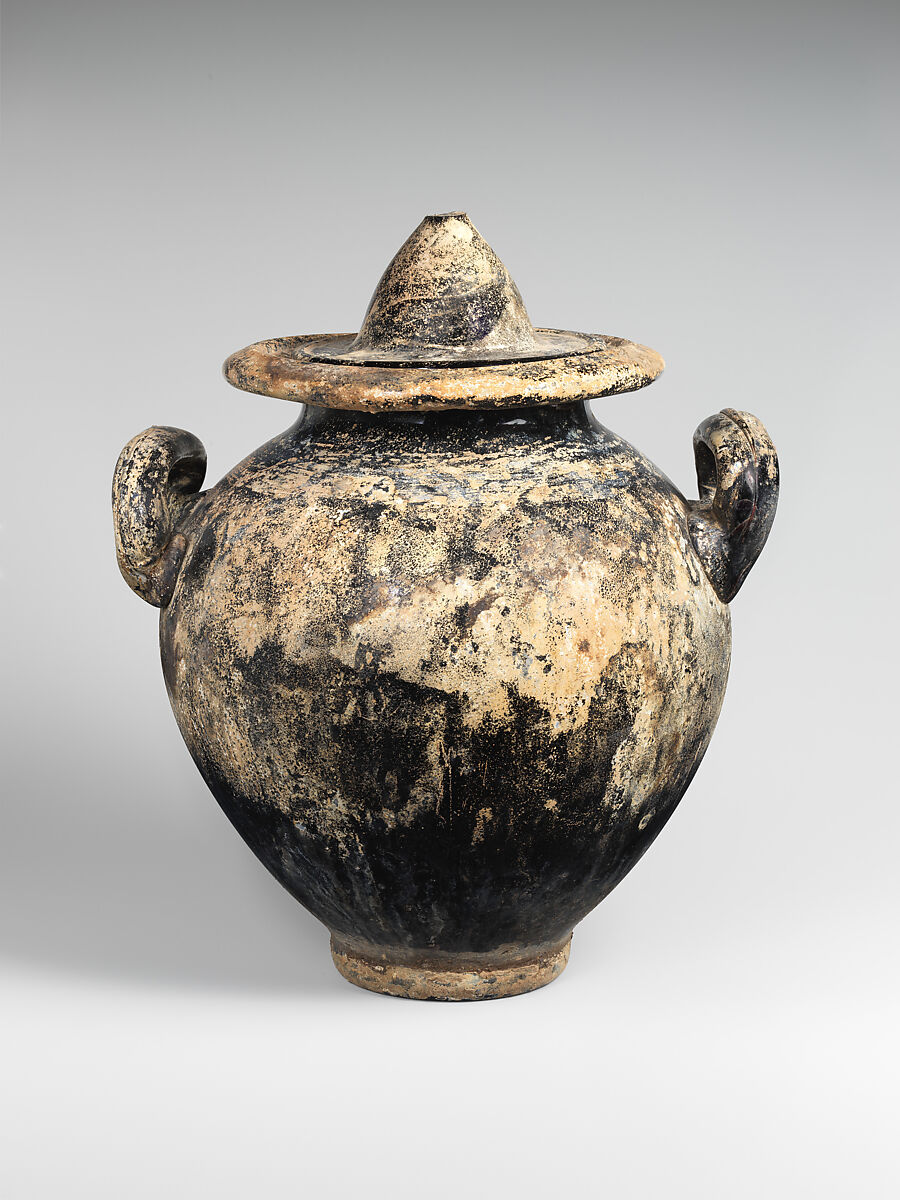 Glass cinerary urn with lid, Glass, Roman