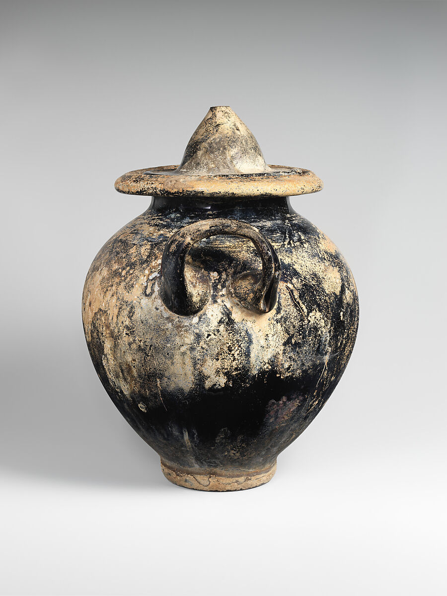 Glass cinerary urn with lid, Glass, Roman