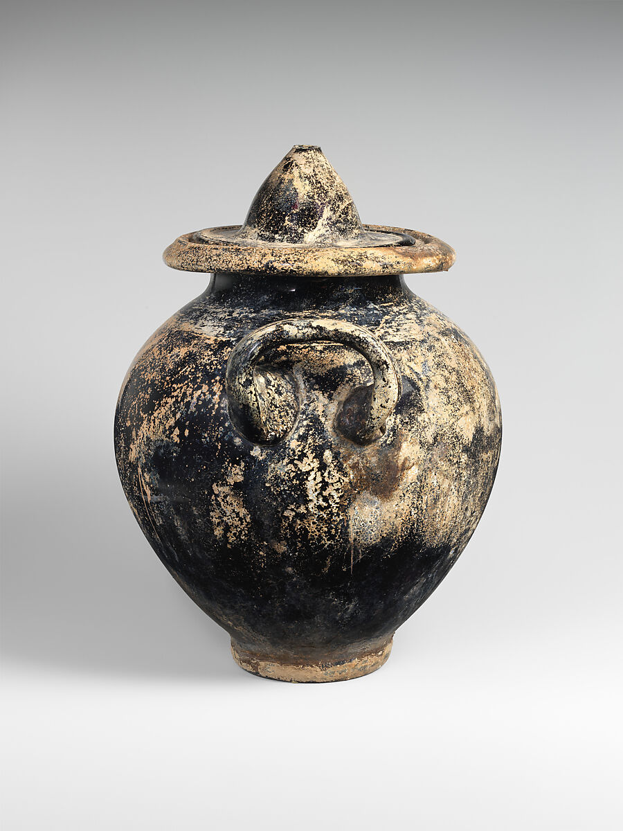 Glass cinerary urn with lid, Glass, Roman