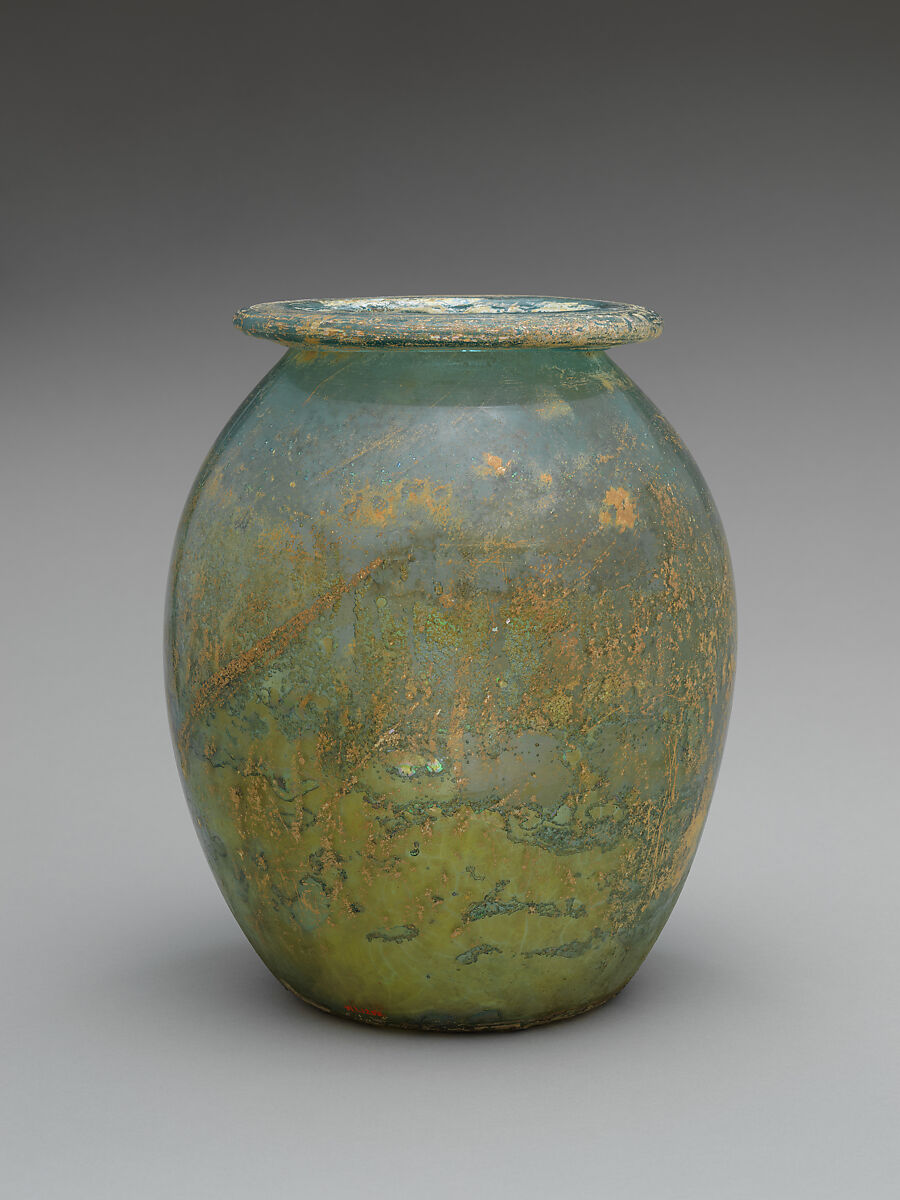 Glass cinerary urn (olla), Glass, Roman