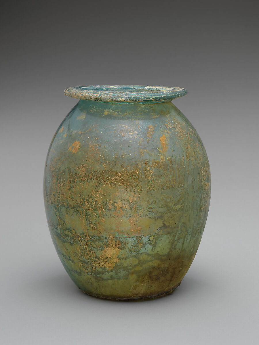 Glass cinerary urn (olla), Glass, Roman