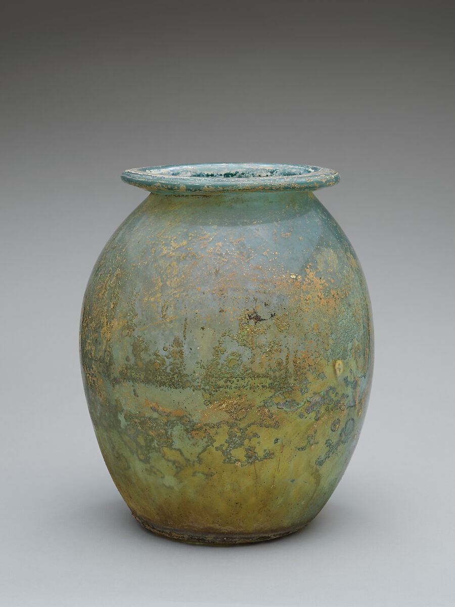 Glass cinerary urn (olla), Glass, Roman
