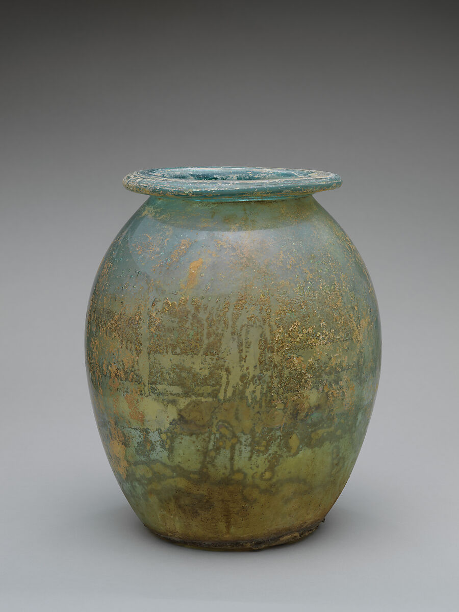 Glass cinerary urn (olla), Glass, Roman 