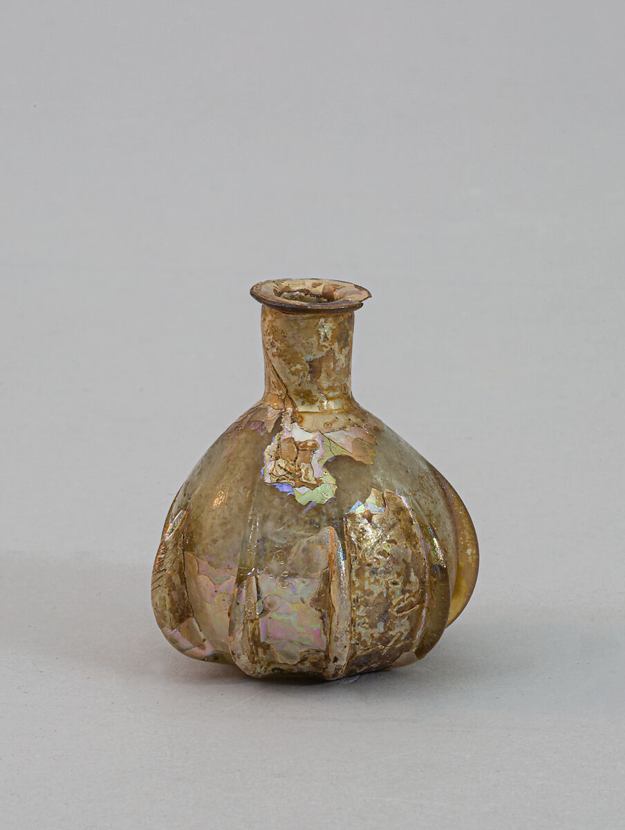 Glass ribbed perfume bottle, Glass, Roman 